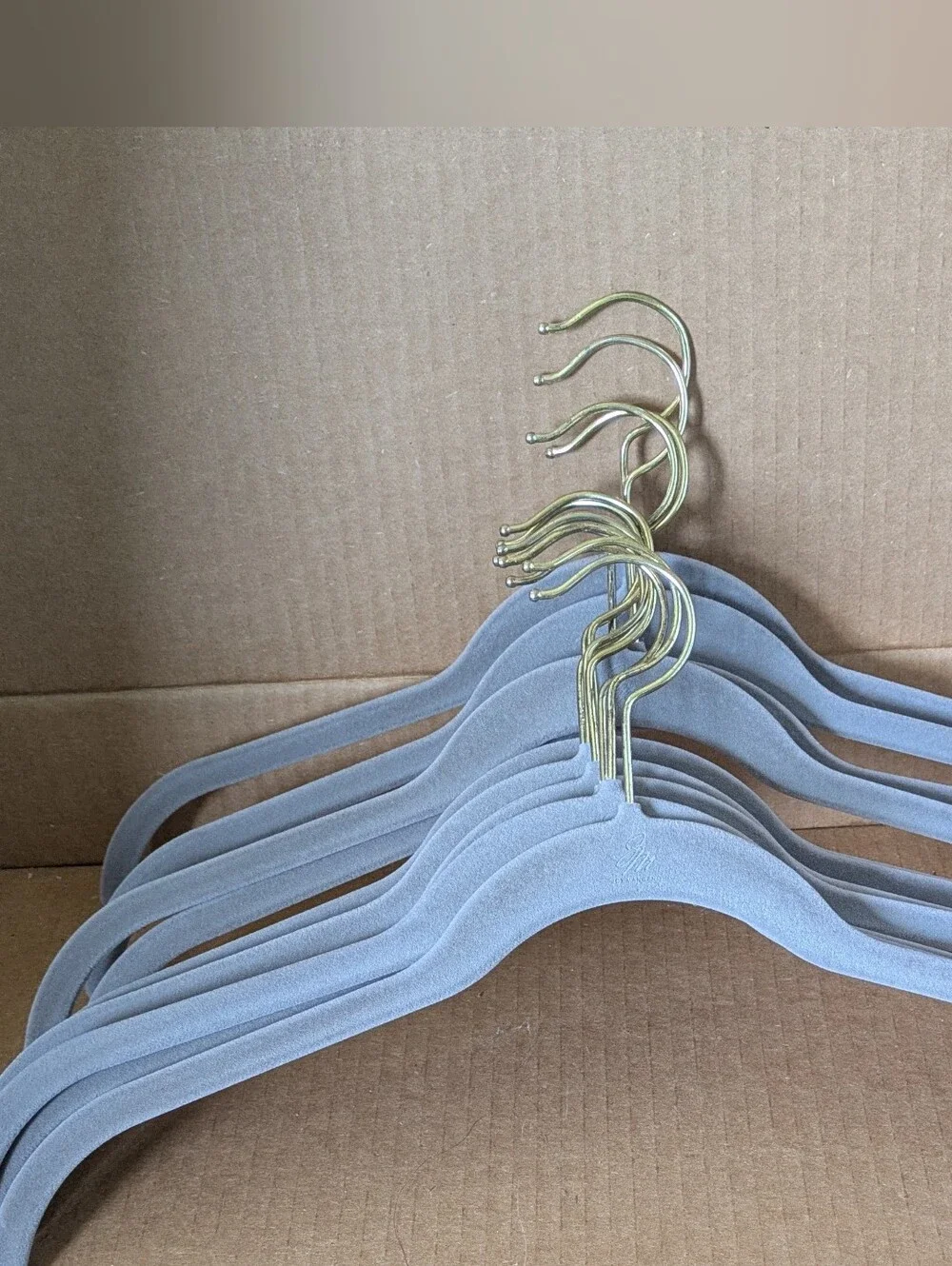 Joy Mangano Gray Velvet Non Slip Slim Hangers with Gold Tone Swivel Hooks Set 12